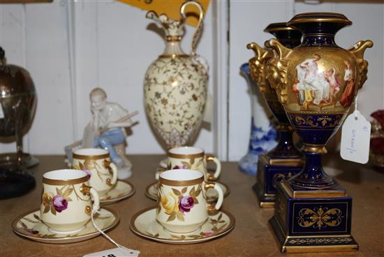 Pair of Vienna style pedestal urns, Minton ewer, Bing & Grondahl figure, a Doulton jug & a part coffee set